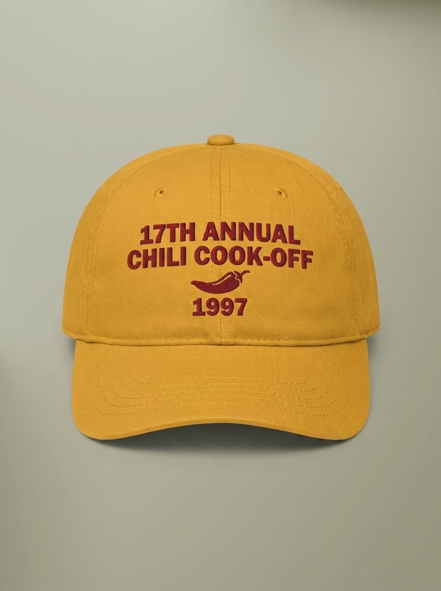 Mustard yellow dad hat embroidered in dark red with 17TH ANNUAL CHILI COOK-OFF, a chili pepper, and 1997.
