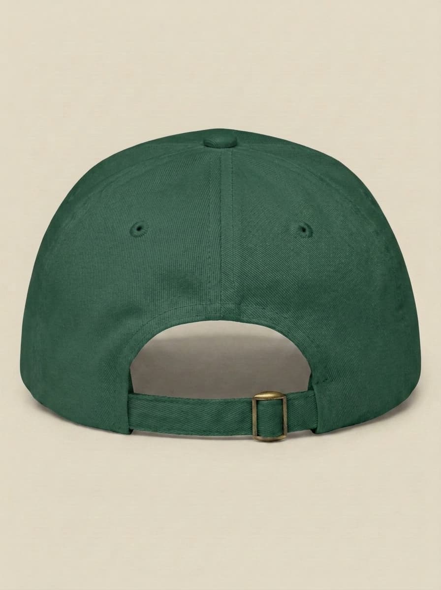Back of the forest green 1996 fishing competition hat, showing the adjustable strap and brass buckle.