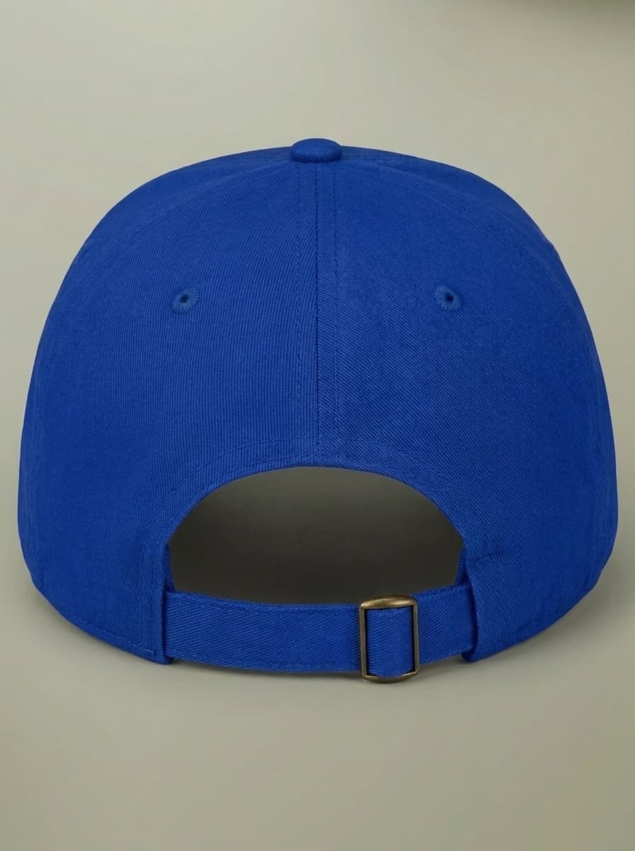 Back of the royal blue 1998 ice storm hat, showing the adjustable strap.