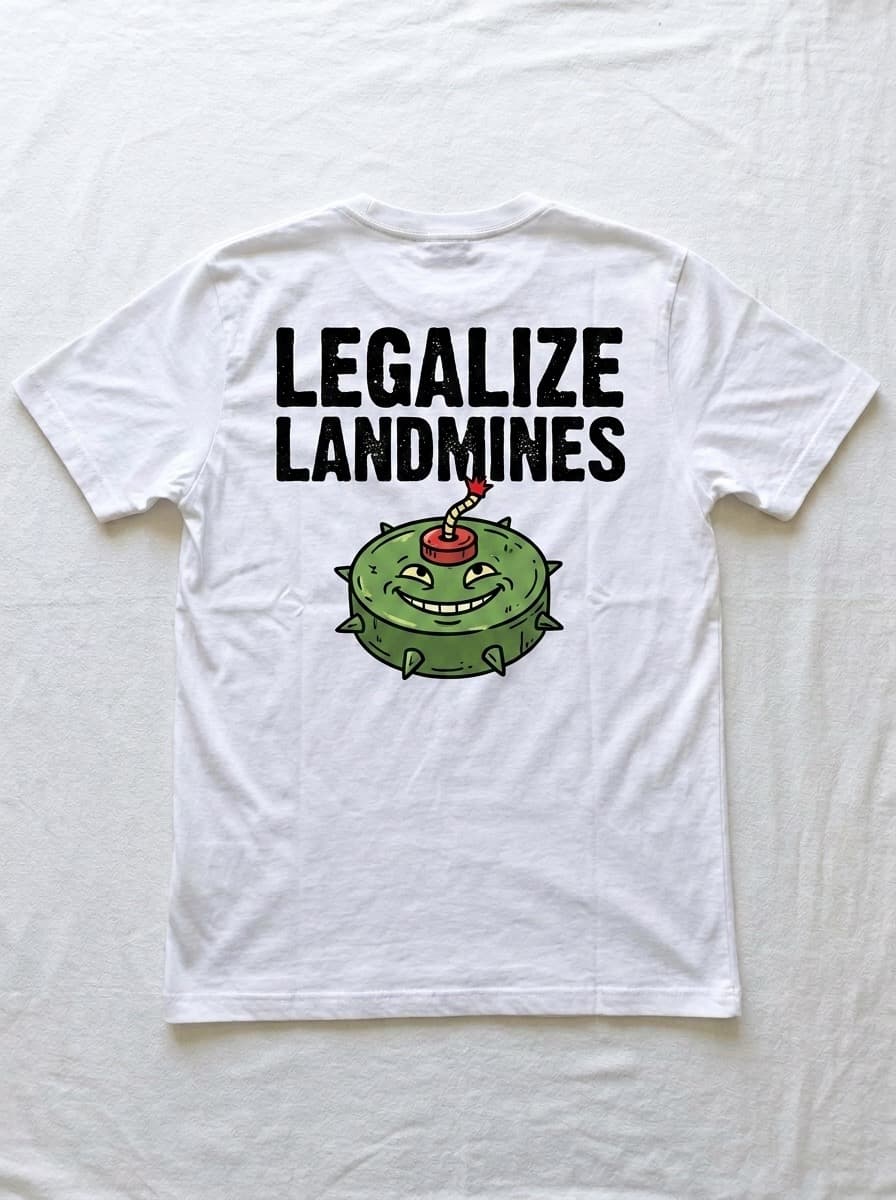 Back of a white t-shirt printed with LEGALIZE LANDMINES in distressed black type above a smiling green cartoon mine with a lit fuse.