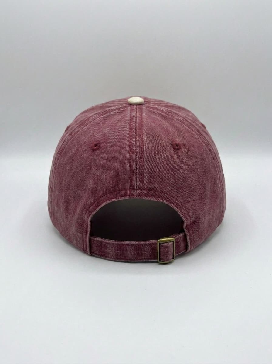 Back of the maroon and cream probably hat, showing the adjustable strap.