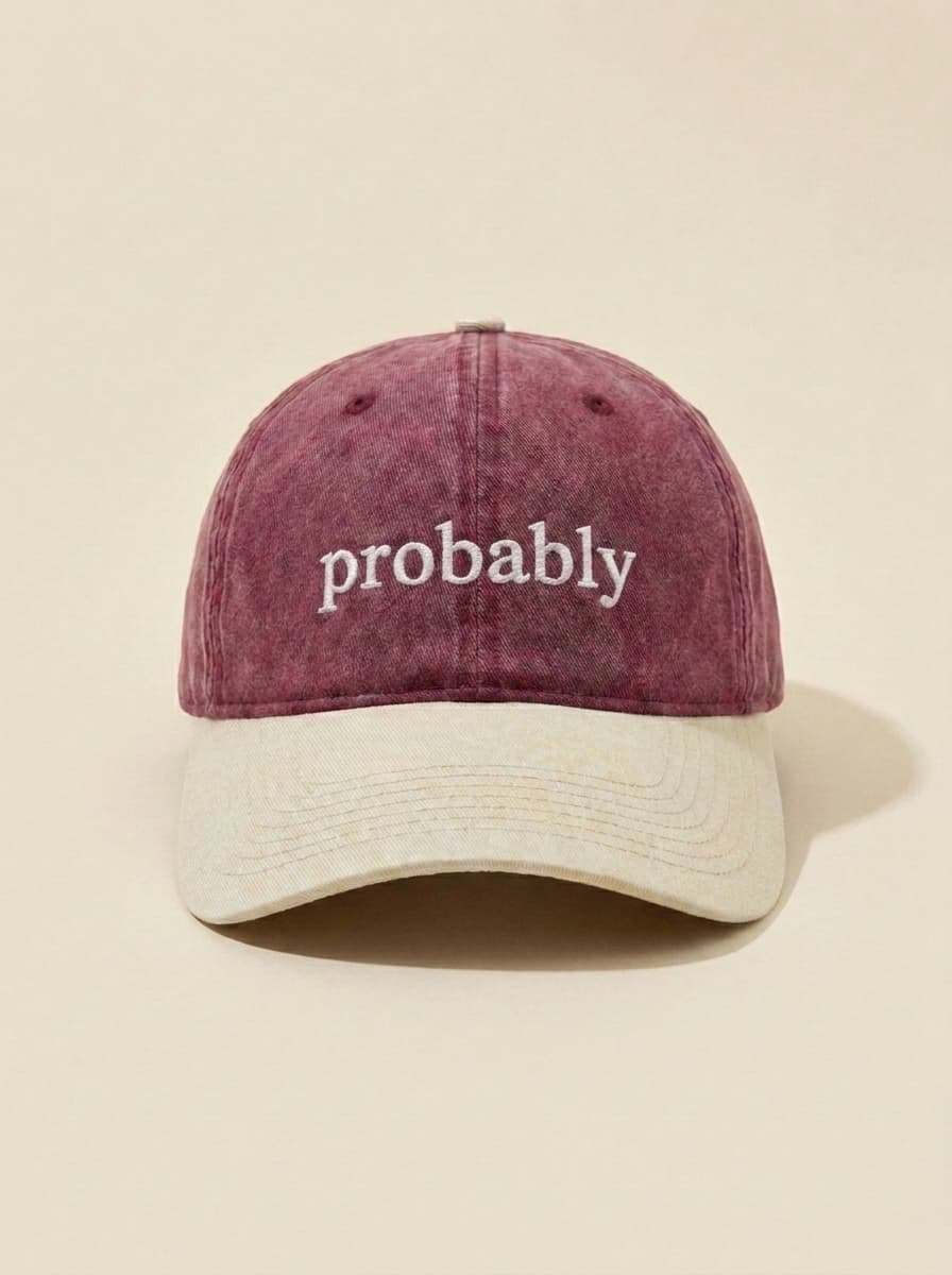 Maroon dad hat with a cream brim, embroidered in white with the lowercase word probably.