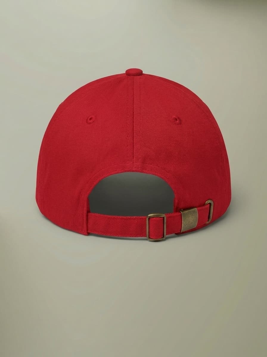 Back of the red Terry's Tire & Muffler hat, showing the adjustable strap and brass buckle.
