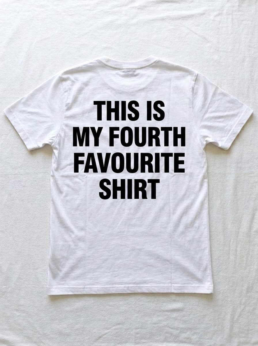 Back of a white t-shirt printed in heavy black type with THIS IS MY FOURTH FAVOURITE SHIRT.