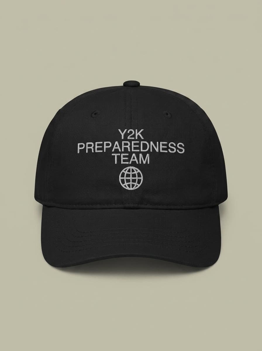 Black dad hat embroidered in silver-grey with Y2K PREPAREDNESS TEAM above a globe.