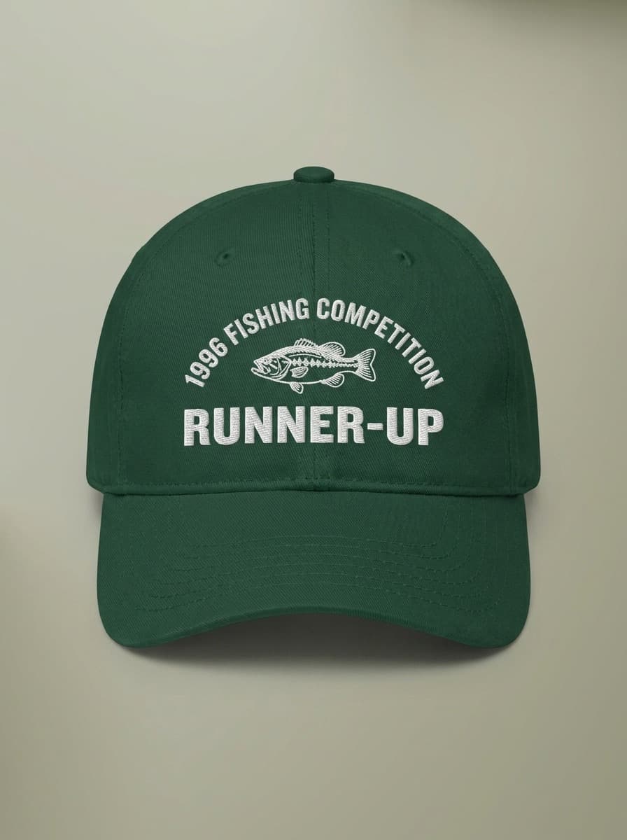 Forest green dad hat embroidered in white with 1996 FISHING COMPETITION curved above a bass, and RUNNER-UP below.