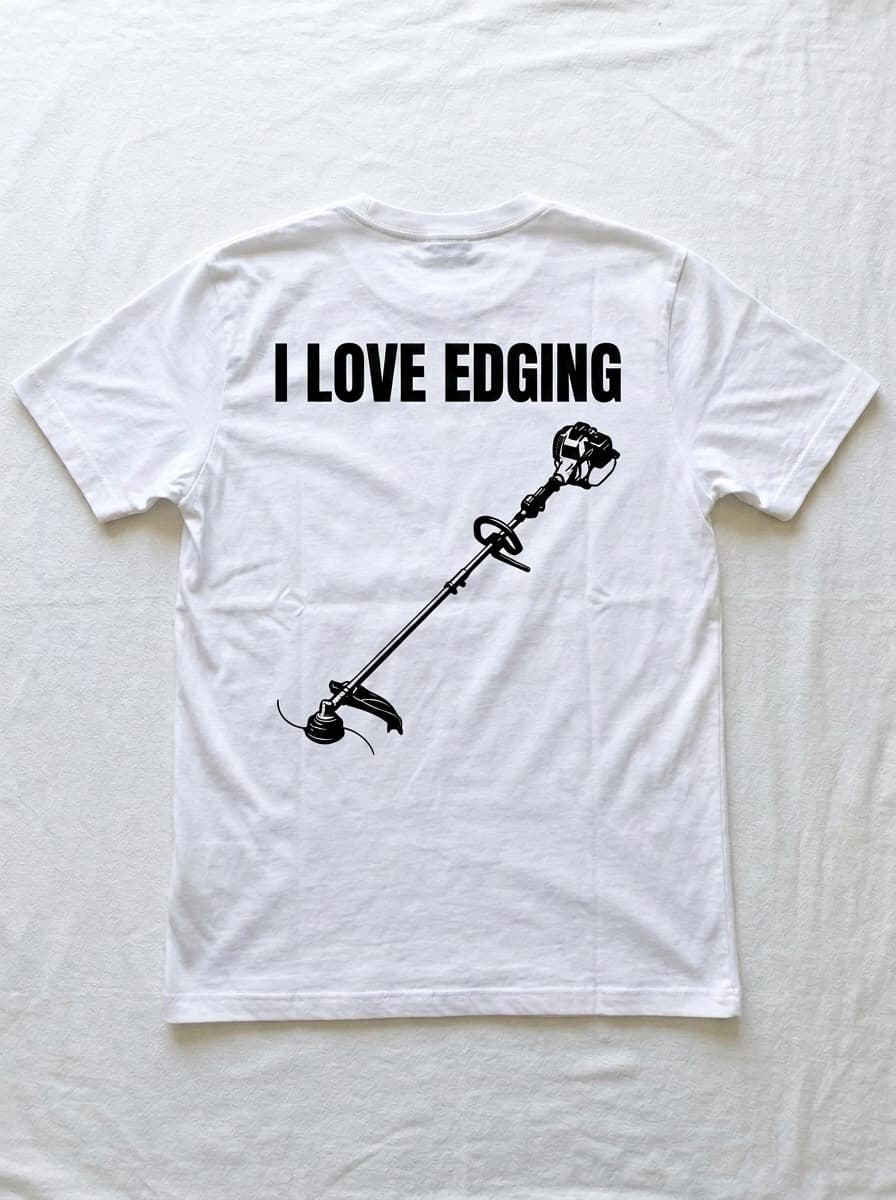 Back of a white t-shirt printed with I LOVE EDGING in heavy black type above a black silhouette of a string trimmer.