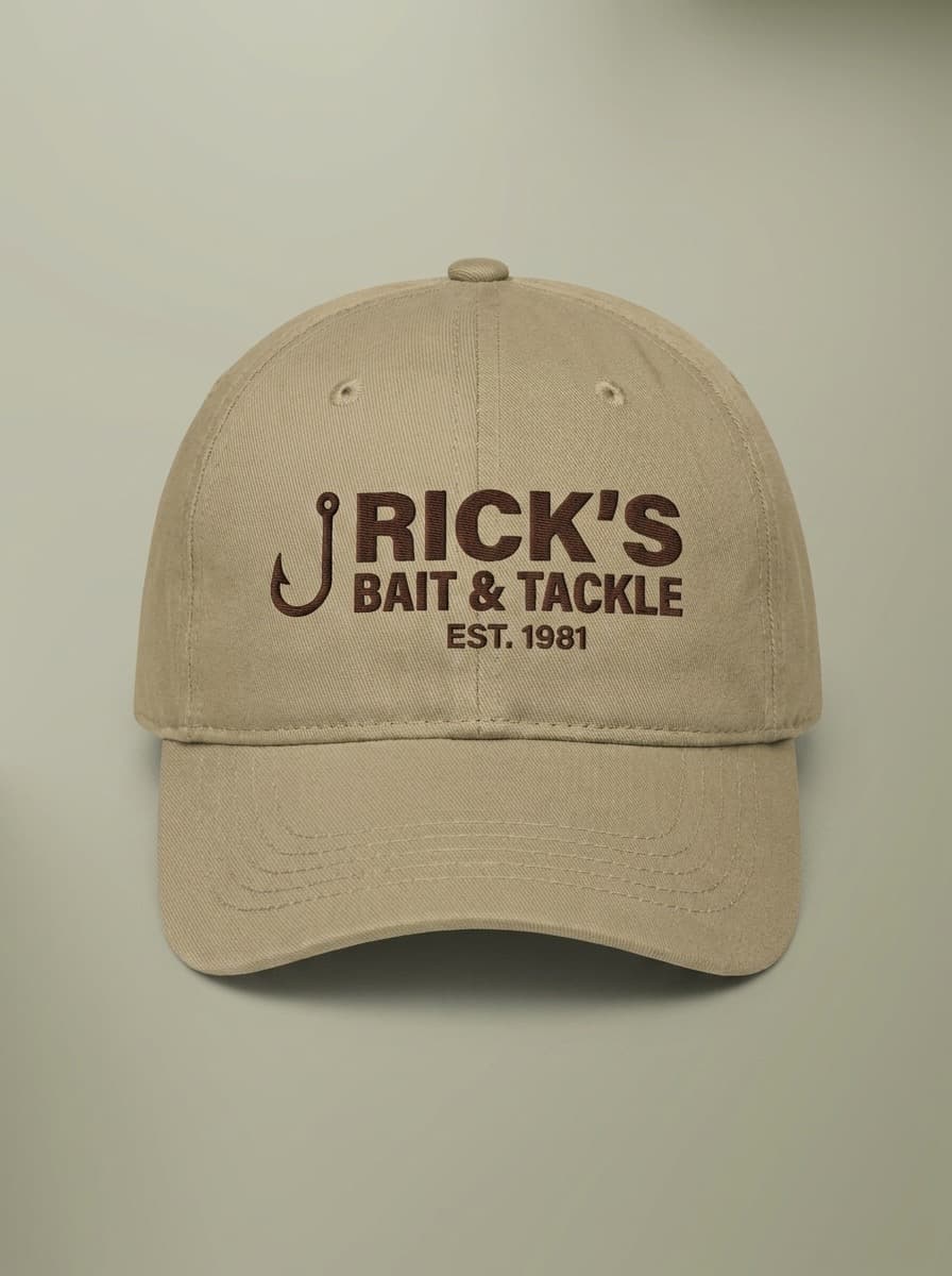 Khaki dad hat embroidered in dark brown with a fish hook beside RICK'S BAIT & TACKLE and EST. 1981.